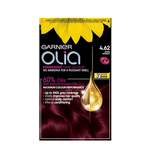 Garnier Olia Dark Garnet Red Permanent Hair Dye, No Ammonia for A Pleasant Scent, Up To 100% Grey Hair Coverage, Maximum Colour Performance, 60% Oils - 4.62 Dark Garnet Red