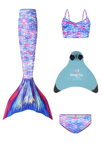 Planet Mermaid Kids Deluxe Set Vivid Colour Mermaid Tail Swimming Costume for Girls. Includes Swimming Aid Blue Magic Fin, Tail, Tankini Top & Briefs. Starbright Princess, 4-5 Years