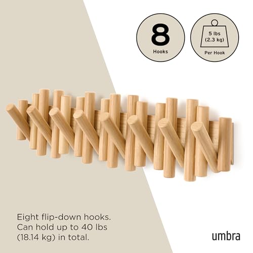 Umbra Picket Coat Rack with 8 Hooks – Natural Wall-Mounted Coat Rack with Flip-Down Wooden Hooks, Real Pine Wood Decorative Wall Storage for Jackets, Hats, Scarves, Bags, Entryway, Bedroom Living Room by Umbra - Image 5