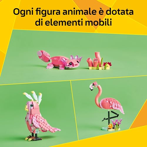 Creator 3 in 1 Animali Selvatici: Fenicottero Rosa Giocattolo - Si Trasforma in Pappagallo Cacatua o Axolotl - Regalo di Compleanno Creativo per Bambine e Bambini da 8 Anni in su - 31170 - Lego - Immagine 3