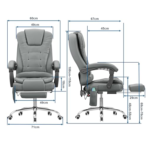 Blisswood Office Chair with Lumbar Support – 8 Point Back Massager Desk Chair with Footrest, 360° Swivel, 135° Recline and Padded Armrests for Office, Home, Work and PC Gaming - PU Leather (Grey)
