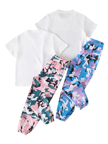 Image of Girls 4 Pieces Outfits Short Sleeve Printed Tee Tops and Pants Set 4-12Y