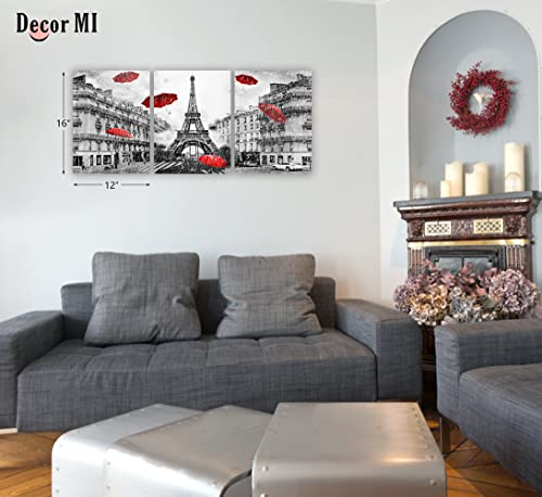 Decor Mi Canvas Wall Art Paris Eiffel Tower Canvas Prints Wall Artwork Black And White Red Umbrellas Poster Print Painting Paris Decor For Living Room Girls Bedroom Kitchen Bathroom 12X16Inch 3 Panels #TOP5