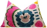 CANVELLO Handmade Velvet Lumbar Pillow 16'x24' in Bright Pink, Teal, and Yellow Floral Ikat Design with Premium Down Feather Insert