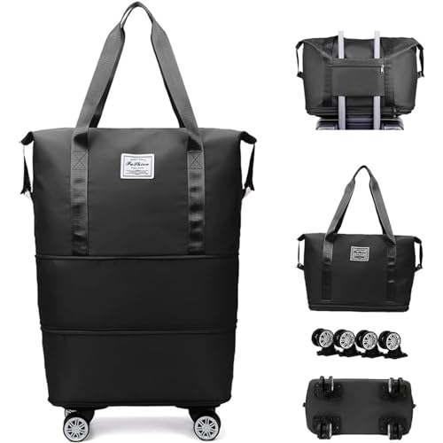 Duffle Bag for Travel with Wheels Expandable and Removable Wheels, Duffle with Wheels Waterproof, Wear-Resistant, Rolling Carry On Suitable for Hiking,Black