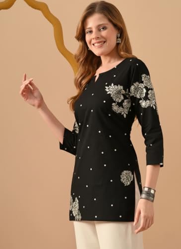 Image of RAINDROP Women's Printed Short Kurti for Girls | Regular Wear Flared Tunic Top | Stylish & Comfortable Rayon Kurti |Short Kurti Top