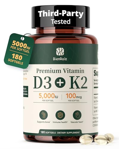 BienRaíz Vitamin D3 K2 5000IU 100mcg MK-7, 180 Softgels, Gluten Free, 2-in-1 K2 D3 Vitamin Supplement for Bone & Heart Health, Immune Support, Energy & Better Calcium Absorption, 6-Month Supply