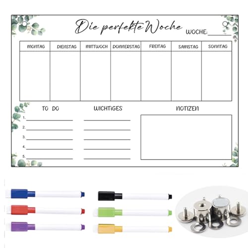 Wochenplaner magnetisch,30 * 20CM,mit 6 Whiteboard-Marker,Wochenplaner Abwischbar Selbstklebend für die Wand,Abwischbar/Kühlschrank-Planer/Fitness-Planer/Magnet-Planer,Memoboard auf Deutsch