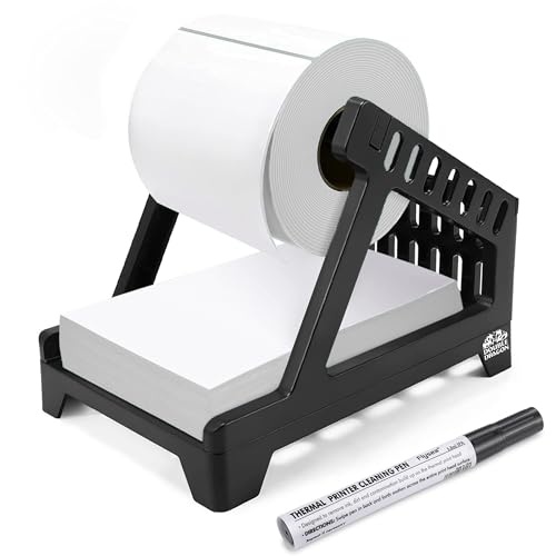 Thermal Label Holder and Dispenser for 4x6 Labels, Compatible with Double Dragon, Munbyn, Fanfold & Roll Labels, Includes Cleaning Pen – Thermal Printer Accessory for Shipping Stickers (Black)