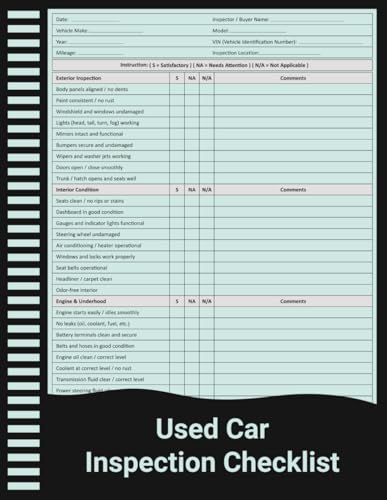 Used Car Inspection Checklist: Pre-Purchase Vehicle Inspection & Evaluation Record for Buyers and Inspectors.