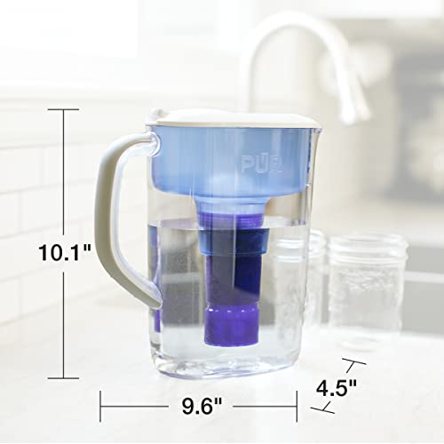 PUR Plus 7-Cup Water Filter Pitcher for Fridge, Cleaner, Great-tasting Water, Dishwasher Safe, Powerful Filtration, Change Light Indicator, LockFit Cap Design, White