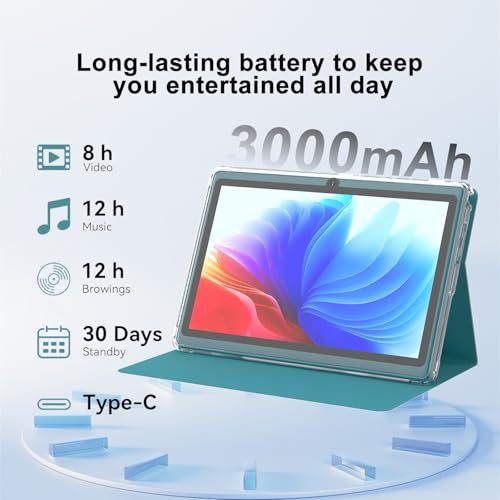 Image of 7 inch Android 14 Tablet, 7'' HD IPS Touchscreent, Quad-Core, 8GB (5GB expansion) RAM＆32GB ROM 1TB Expand, 2MP + 5MP Dual Camera, WiFi 6 Bluetooth 3000 mAh Battery Tab Tableta with Case.(Navy blue)