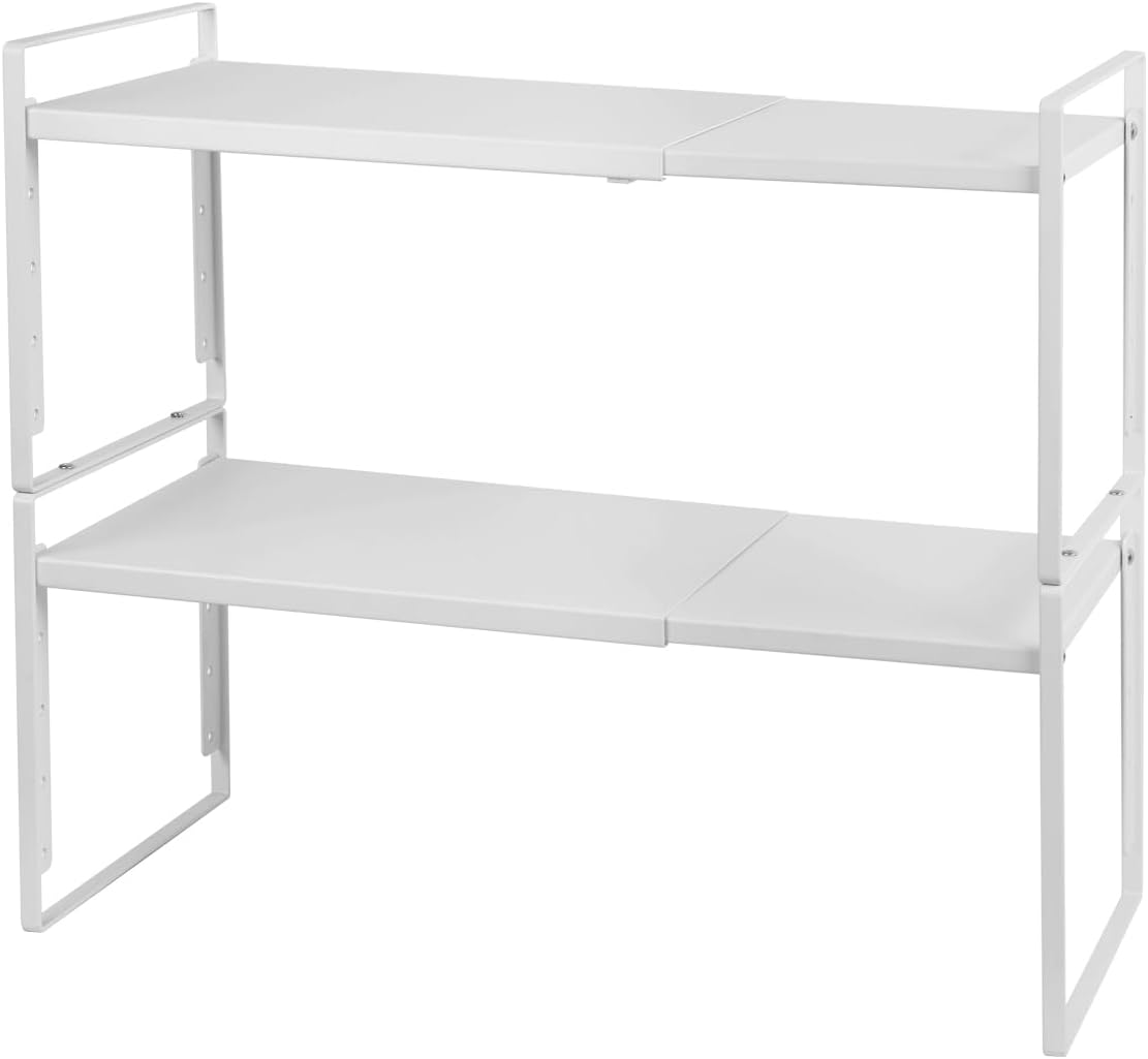  Nxconsu 2Pack Cabinet Shelf Organizer Expandable 5 Heights Adjustable Stackable Rack Riser for Kitchen Pantry Cupboard Under Sink Organization Storage Space Saver Heavy Duty Metal White L