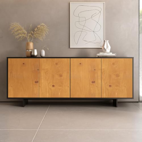 IDIMEX Buffet ARTO L 180 cm 4 Portes en Bois Massif Couleur Noir et Chêne avec Étagères Réglables, Deux Compartiments Ouverture Push-to-Open sans Poignées, Vaisselier Bahut en Bois