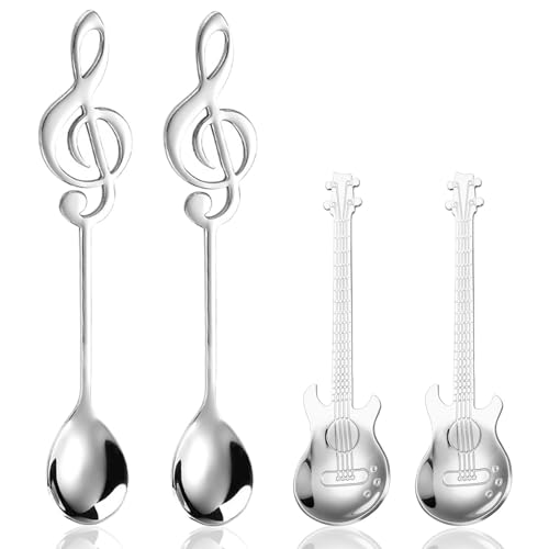 Wjelet 4 Stück Kaffeelöffel Gitarre Set, Dessert Löffel Edelstahl,Dekorative Musiknote Latte Löffel für Tee,Milch,Kaffee,Dessert,Drink,Milchshake
