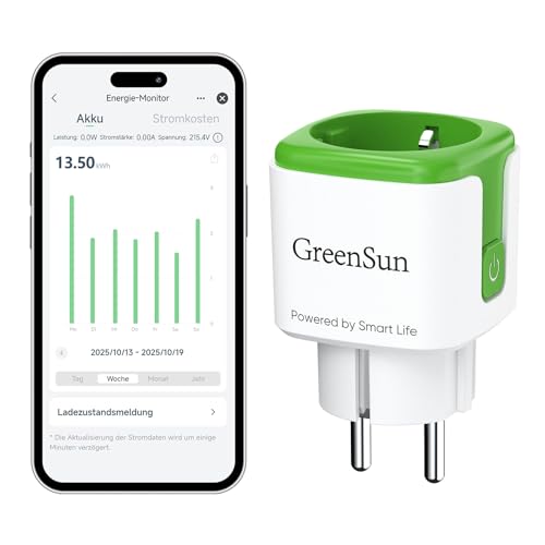 GreenSun WLAN Steckdose mit Strommessung Smart Life APP - Stromzähler für Steckdose Stromverbrauch Energiekostenmesser Zeitschaltuhr Sprachsteuerung mit Alexa &Google 16A 1PC