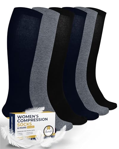 Image of Pembrook Light Compression Socks for Women - 6 Pairs | Black, Gray, Navy | 8-15 mmHg | Graduated for Circulation Support