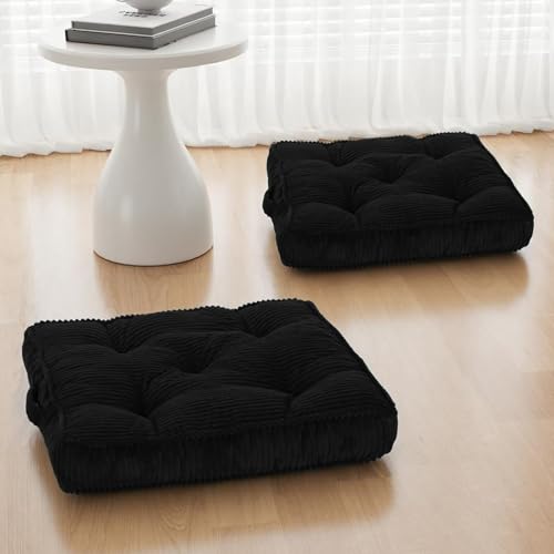PRIMEPATIO Meditation Floor Cushion Set of 2, 22x22 Tufted Floor Pillow for Adults, Square Large Meditation Cushion Pillow, Black Corduroy Sitting Pillow with Handle, Yoga Seating for Tatami