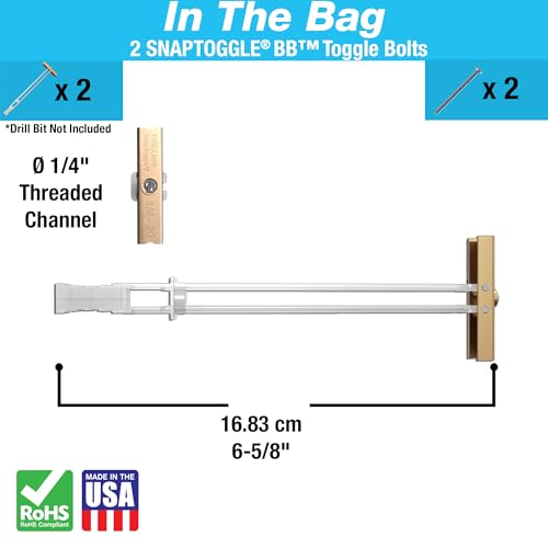 TOGGLER SNAPTOGGLE BB Toggle Anchor with Bolts, Zinc-Plated Steel Channel, Made in US, 3/8" to 3-5/8" Grip Range, for 1/4"-20 UNC Fastener Size (Pack of 2)