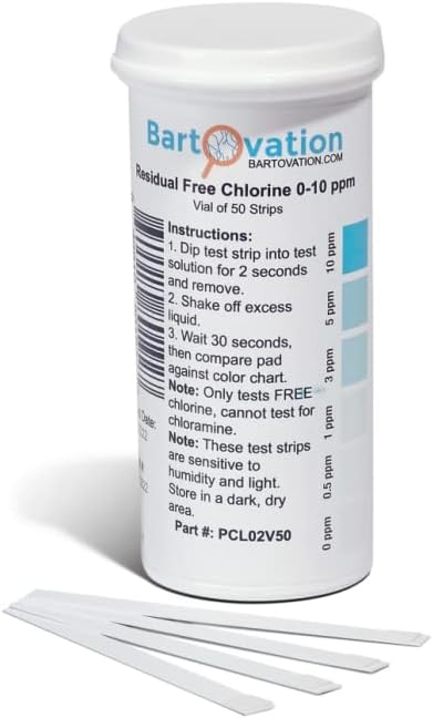 Bartovation Usa Made Residual Low Level Free Chlorine Test Strip 0-10 Ppm [Vial Of 50 Plastic Strips]