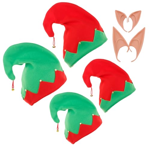 Onlvmyur 4PCS Cappello Elfo Natalizio Con 4 Paia Orecchie - Cappelli di Natale per Adulti e Bambini, Cosplay Costume