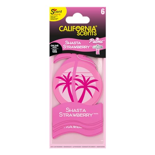 California Scents Palms, Car Air Fresheners for Hanging, Shasta Strawberry Scent, Set of 6, New Car Smell, Strong Long-Lasting Fragrance, Eliminates Odour, Ideal for Car Detailing