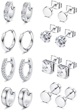 Adramata Black Stud Earrings Stainless Steel Sliver Huggie Hoop Earrings Tunnel Earring CZ Stud Earring Sets for Men 8 Pairs