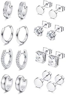 Adramata Black Stud Earrings Stainless Steel Sliver Huggie Hoop Earrings Tunnel Earring CZ Stud Earring Sets for Men 8 Pairs