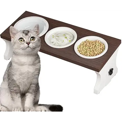 Piskyet Elevated Cat Bowls,10° Tilted Raised Cat Food Bowls, Cat Bowls for Indoor with 3 Ceramic Bowls Anti-Vomiting, Raised Cat Food Bowls for Cats and Small Dogs Cover