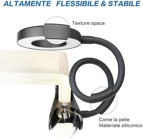USB LED Desk Lamp Clip On Reading Light, Clip on Light for Bed with 3 Light Modes & 10 Dimmable Brightness , Eye Caring 360° Adjustable Desk Lamp,Bedside Light for Bedside/Reading/Work/Tattoo/Piano