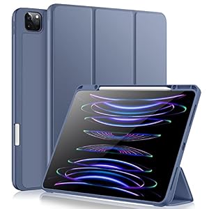 Vobafe Hoesje voor iPad Pro 12.9 Case 6e/5e/4e/3e generatie, TPU flexibele achterkant met potloodhouder voor iPad 12.9 Pro 2022/2021/2020/2018, ondersteuning potlood 2 opladen, blauwgrijs