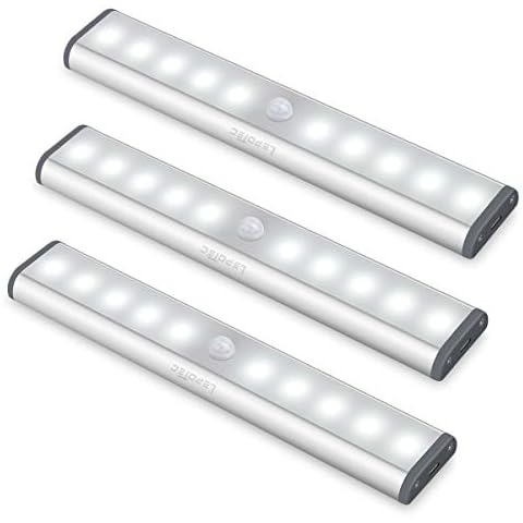 LEPOTEC LED Kitchen Lights Under Cabinet,Wireless Motion Sensor Led Light Rechargeable Cabinet Lights Battery Operated, Under Counter Lighting Magnetic Stick-On Closet Lighting/White Light(3Pack) Cover