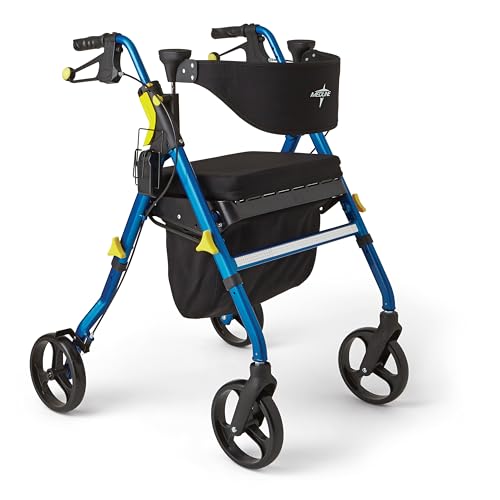 Medline Premium Empower Folding Mobility Rollator Walker with Memory Foam Seat, Black & Blue, 300 lb. Weight Capacity, 8” Wheels, Cupholder, Rolling Walker for Mobility Impairment, Adjustable Handles by Medline - Used condition - US$138.11