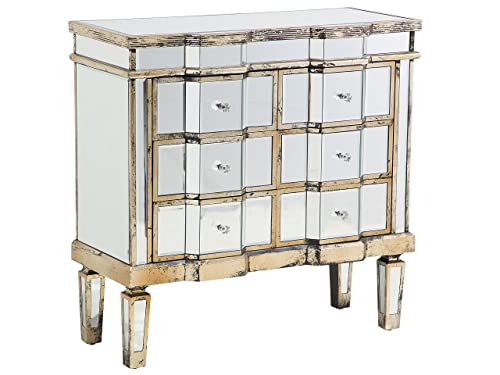 Beliani Aparador con Espejo Dorado 6 cajones Shabby Chic diseño francés Mozela