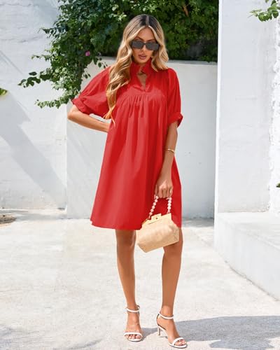 Image of YEXPINE Women's Ruffle Collar High Neck Mini Dress Puff Short Sleeve Cotton Babydoll Peplum Dresses with Pockets
