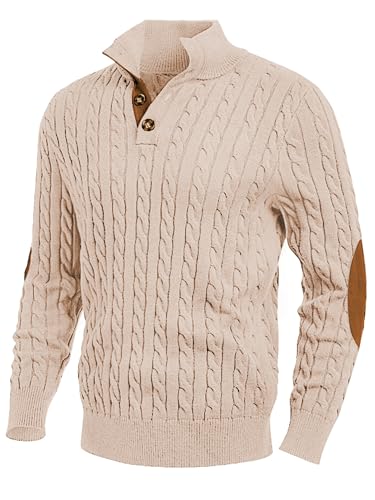 JMIERR Men's Cable Knit Slim Fit Casual Long Sleeve Essentials Soft Touch Button Stand Collar Christmas Sweaters, M, Beige