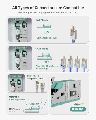 Image of VCELINK RJ45 Crimp Tool Kit for CAT7 /6A /6 /5E /5, Upgraded Network Tool Set with an Ethernet Crimper, 25 RJ45 Connectors & Boots, Cable Tester, and Wire Stripper, Green (no Cloth Bag Include)