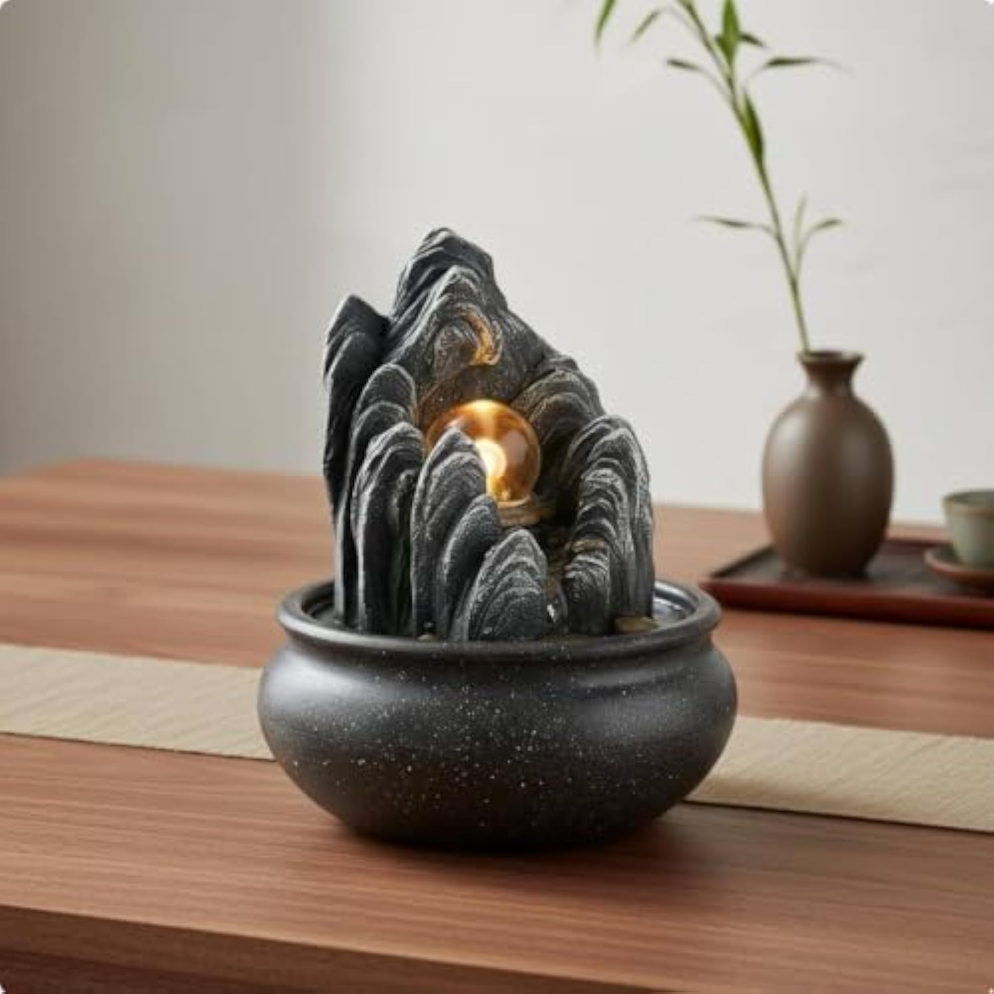 Compact Indoor Water Feature with Light, USB Powered Decor