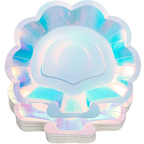 Woanger Mermaid Seashell Paper Plates Disposable Party Plate Seashell Dinnerware Plate Holographic Foil Seashell Paper Plates for Mermaid Party Under Sea Themed Event (48 Pieces)