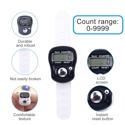 3 Stück Elektronische Fingerzähler,Mini Handzählzähler,Reihenzähler mit LED Rücksetzbare Digitale Fingerzähler,Finger Rundenzähler mit Handring und 50 Maschenmarkierer für Golf Runde Zählen Stricken