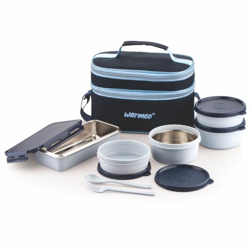 Image of WARMEO Micro Meal Microwave Safe Lunch Box | 1 Rectangular Container 600ml + 2 Round Containers 350ml Each + 2 Round Container 250ml Each + 1 Spoon + 1 Fork,Stylish Durable Jacket,Office,School,Blue