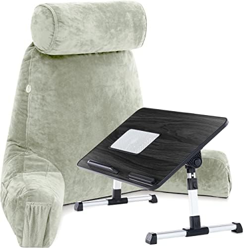 Husband Pillow Combo - Backrest Pillow with Arms : Medium Desert Sage & Lap Desk Bed Tray : XXL Grey - Memory Foam Reading Pillows for Bed w/Removable Neck Roll & Laptop Bed Tray Table
