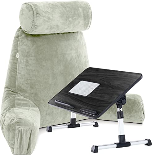 Husband Pillow Combo - Backrest Pillow With Arms : Medium Desert Sage & Lap Desk Bed Tray : Xxl Grey - Memory Foam Reading Pillows For Bed W/Removable Neck Roll & Laptop Bed Tray Table #TOP27