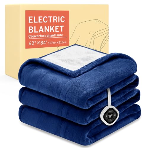 Image of HOMLYNS LuxeHeat Heated Blanket Electric Blanket Twin Size, Soft Flannel Sherpa Heating Blanket with 10 Heat Settings, 1-10 hrs Timer Auto Shut Off (62x84 inches, Navy), Only for 120V Voltage Use