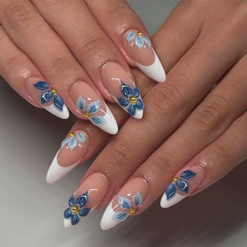 VOTACOS Almond French Tip Press on Nails Medium Blue Nude Acrylic Fake Nails Press Ons with Designs 3D Bead Flower Glue on Nail for Women 24PCS Glossy Floral Reusable Artificial Stick on False Nail — view 2