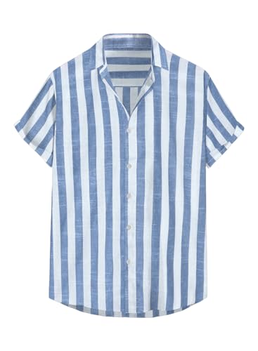 JMIERR Men's Casual Stylish Short Sleeve Button-Up Striped Dress Shirt Cotton Beach Shirts