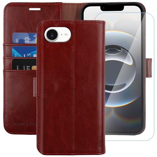 Image of MONASAY For iPhone 17E/16E Case,Apple 17E/16E Wallet Case 6.1-inch, [Glass Screen Protector] Flip Folio Leather Cell Phone Cover with Credit Card Holder for Apple 17E/16E 2025, Burgundy