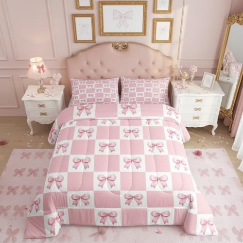 Manfei Princess Bowknots Comforter Set Twin Size,Pink Bow-tie Dreamy Bow Girlish Bedding Set for Kids Teens,Geometric Grids Plaids Patchwork Down Comforter,Pink White,2 Pcs 1 Pillowcase