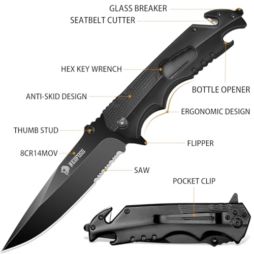 Image of NedFoss FA48 Tactical Knife, 5-in-1 Serrated Pocket Knife for Men Women | 8Cr14Mov Steel Camping Folding Knife with Aluminum Handle, Bottle Opener, Glass Breaker, Seatbelt Cutter, Wrench, Liner-Lock