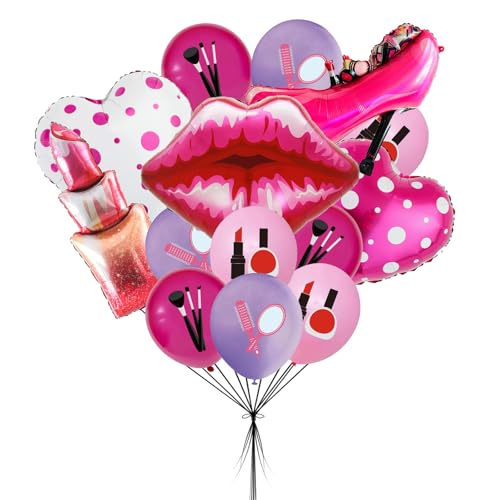 Palloncini decorativi per feste di compleanno, 14 pezzi, per feste termali, rossetto, labbra, cuore, tacchi alti, accessori per ragazze e donne, trucco a tema, compleanni, addio al nubilato